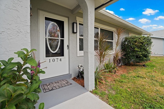 view of exterior entry featuring a yard