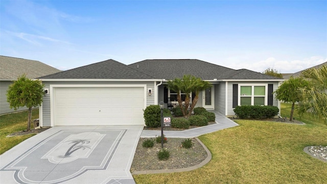 single story home featuring a garage and a front lawn