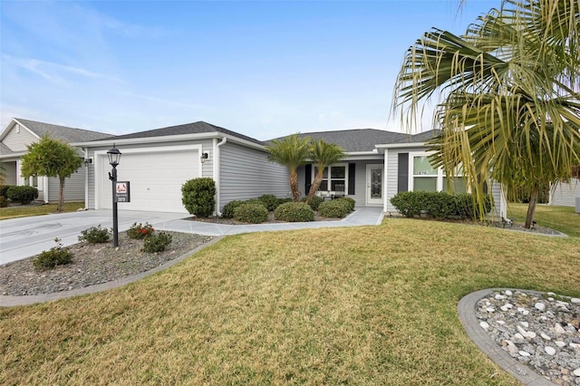 ranch-style home featuring a garage and a front yard