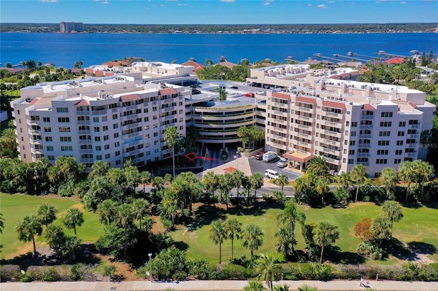 drone / aerial view with a water view