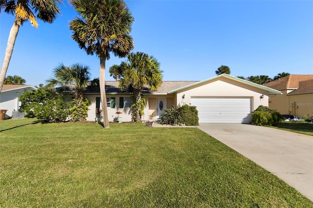 ranch-style home with a garage and a front lawn