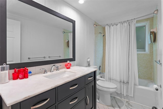 full bathroom featuring vanity, toilet, and shower / bath combo with shower curtain