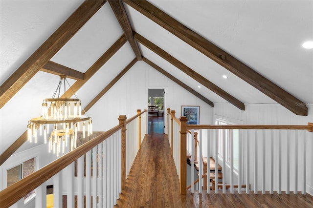 hall with dark hardwood / wood-style floors and vaulted ceiling with beams