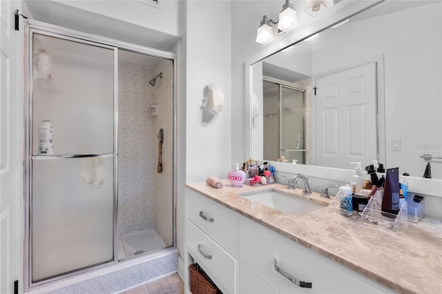 bathroom with vanity and a shower with shower door