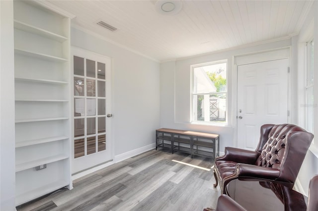 408 Wisteria Rd, Daytona Beach, FL 32118 - sitting room featuring crown molding, hardwood / wood-style floors, and wood ceiling