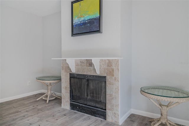 room details with a tiled fireplace and wood-type flooring