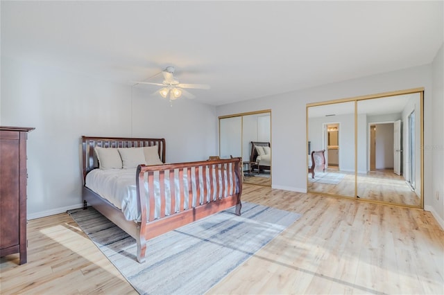 bedroom with ceiling fan and light hardwood / wood-style floors