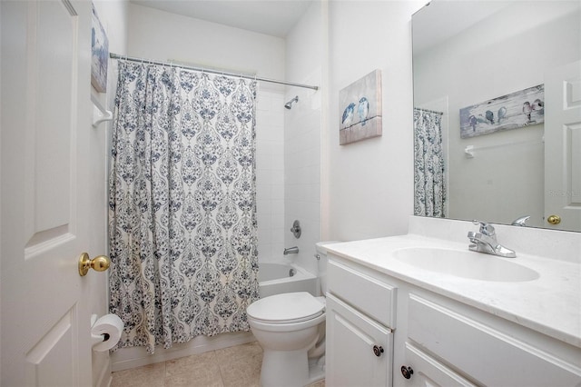 bathroom featuring toilet, tile patterned flooring, shower / bathtub combination with curtain, and vanity