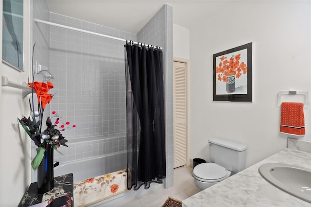 full bathroom with shower / tub combo with curtain, vanity, toilet, and tile patterned flooring