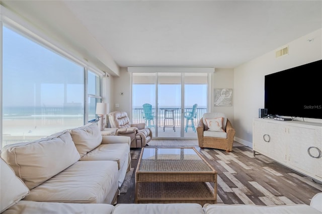 living room featuring hardwood / wood-style flooring, floor to ceiling windows, and a water view