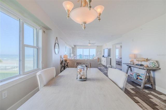 dining space featuring hardwood / wood-style floors and ceiling fan