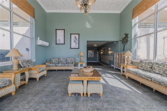 living area with crown molding