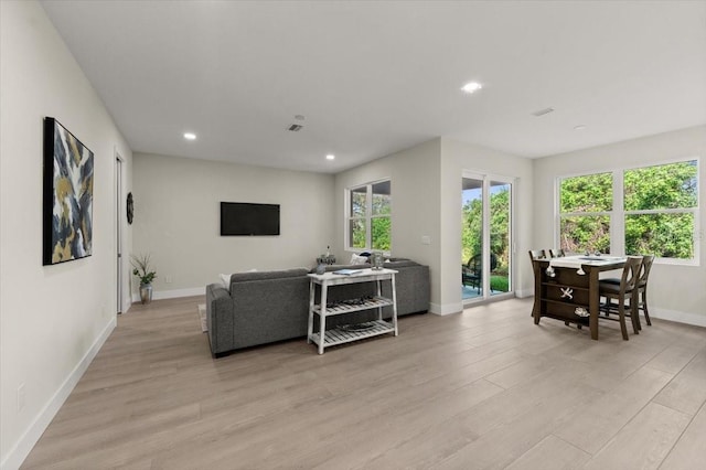 living room with a healthy amount of sunlight and light hardwood / wood-style floors