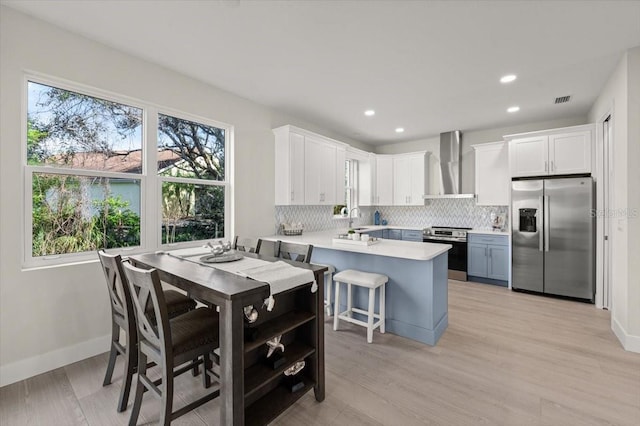 kitchen featuring white cabinetry, appliances with stainless steel finishes, a kitchen breakfast bar, kitchen peninsula, and wall chimney range hood