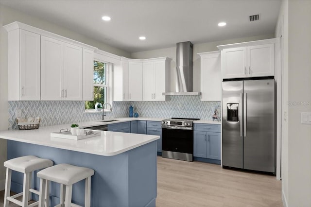 72 Aurora Ave, Ponce Inlet, FL 32127 - kitchen with appliances with stainless steel finishes, wall chimney range hood, a sink, a peninsula, and backsplash