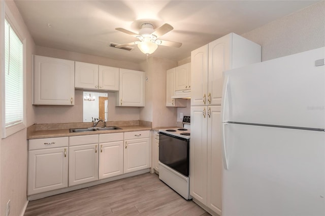 kitchen featuring white cabinetry, sink, light wood-type flooring, ceiling fan, and white appliances