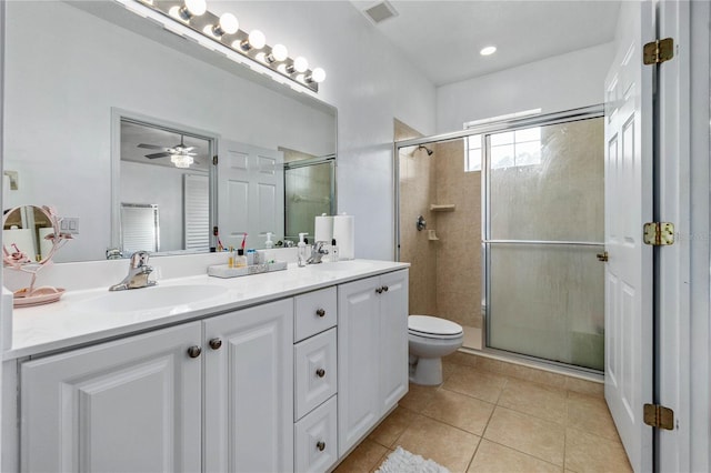 bathroom featuring tile patterned flooring, vanity, a shower with door, and toilet