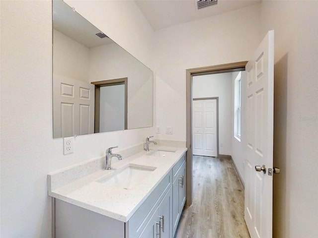 bathroom featuring a sink, visible vents, double vanity, and wood finished floors