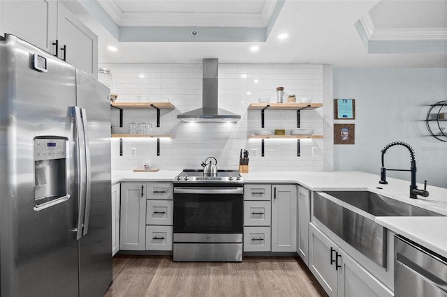 kitchen with appliances with stainless steel finishes, sink, ornamental molding, a raised ceiling, and wall chimney exhaust hood