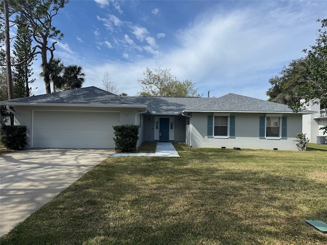 ranch-style house with a garage, concrete driveway, roof with shingles, and a front lawn