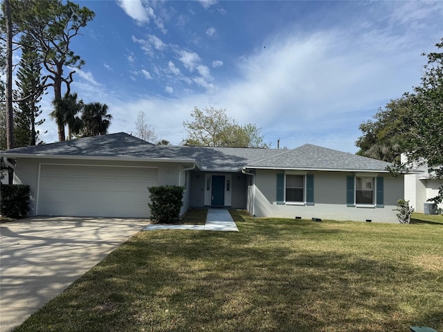 ranch-style home with a front lawn, driveway, a shingled roof, and an attached garage