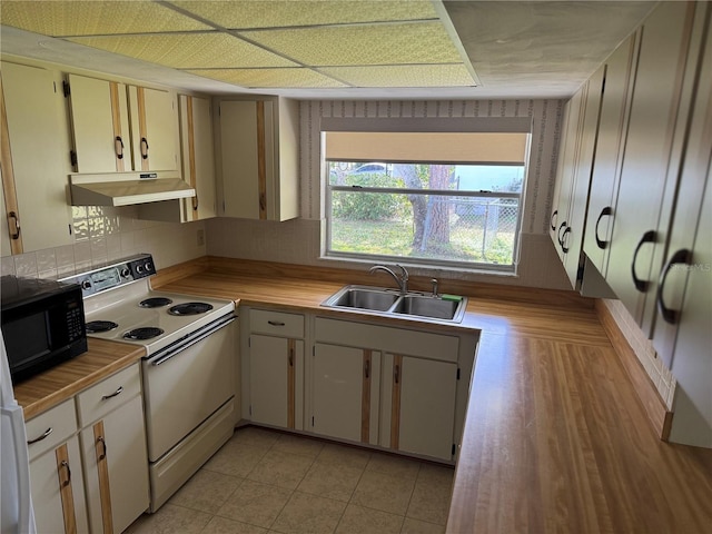 kitchen with tasteful backsplash, a sink, under cabinet range hood, black microwave, and white range with electric cooktop