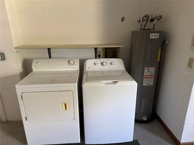 laundry room featuring laundry area, water heater, washer and clothes dryer, and baseboards