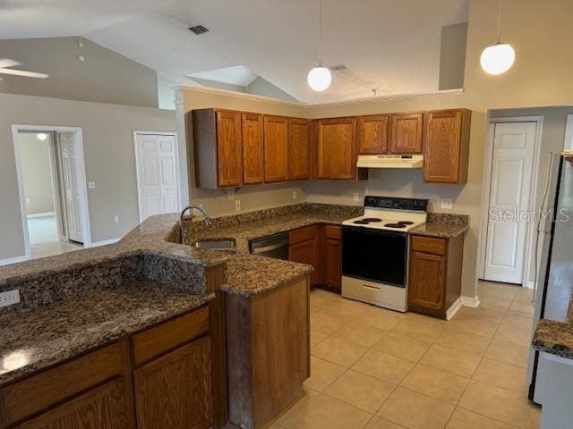 kitchen featuring lofted ceiling, sink, hanging light fixtures, white range with electric cooktop, and dark stone counters