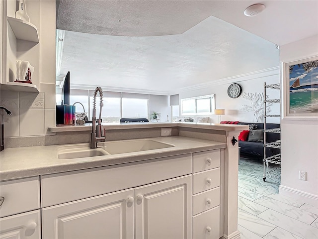 kitchen with ornamental molding, sink, a textured ceiling, and white cabinets