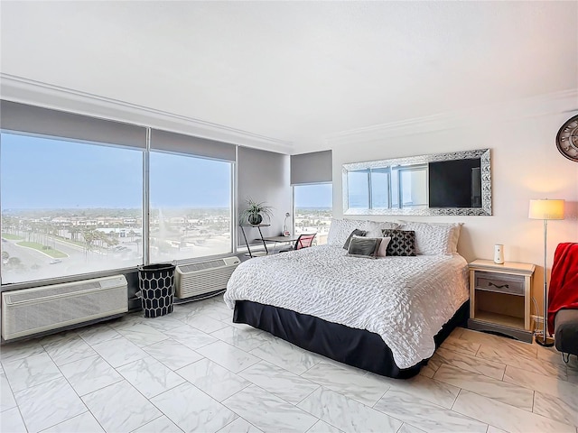 bedroom with multiple windows, ornamental molding, and a wall unit AC