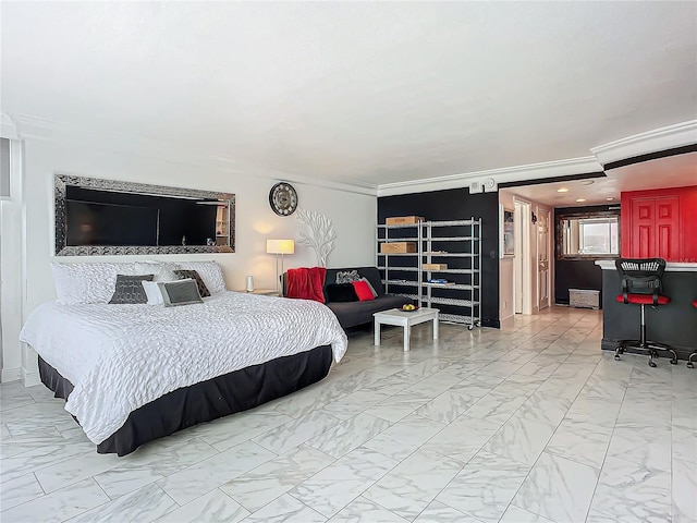 bedroom featuring indoor bar and ornamental molding