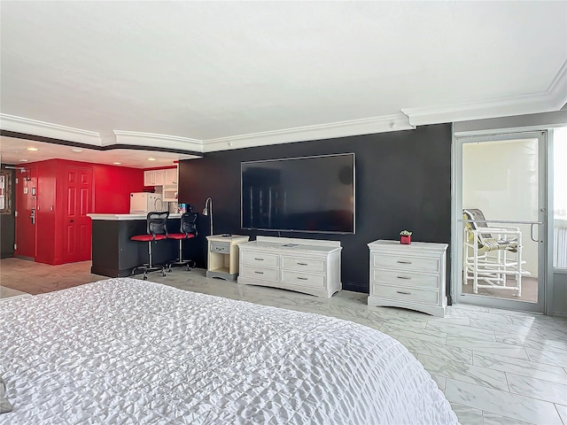 bedroom with ornamental molding, white fridge, and access to exterior