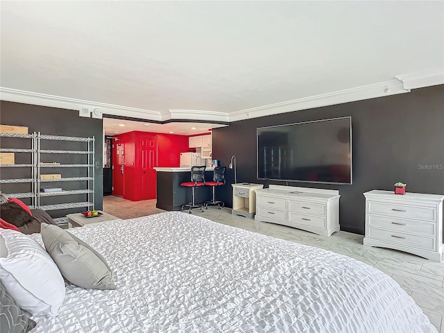 bedroom with white refrigerator and ornamental molding