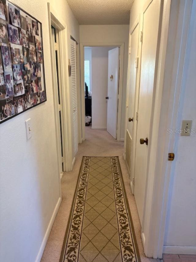 hall featuring light colored carpet and a textured ceiling