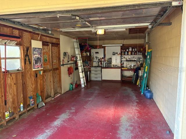 garage featuring a garage door opener and a workshop area