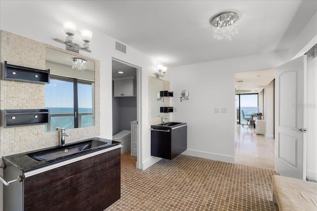 kitchen featuring a water view, a healthy amount of sunlight, sink, and dark brown cabinets