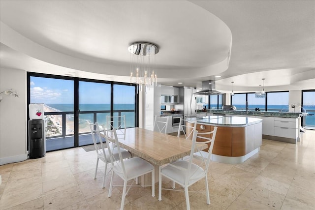 dining area with a water view