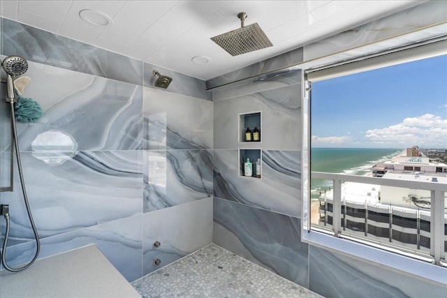 bathroom with a water view