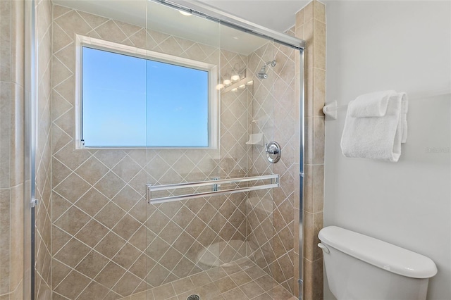 bathroom featuring a shower with shower door and toilet