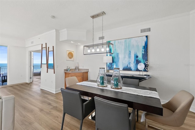 dining space with crown molding, a water view, a textured ceiling, and light hardwood / wood-style flooring