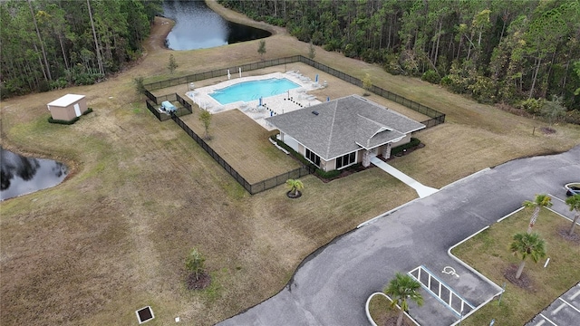 drone / aerial view featuring a water view