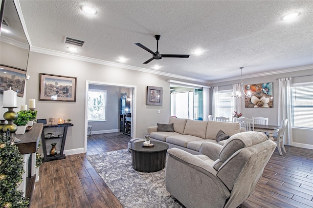 living room featuring ceiling fan with notable chandelier, ornamental molding, dark wood-type flooring, and a textured ceiling