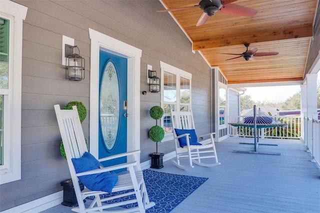 view of exterior entry with a porch and ceiling fan