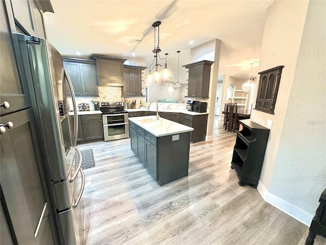 kitchen featuring a sink, custom range hood, appliances with stainless steel finishes, tasteful backsplash, and light wood-type flooring