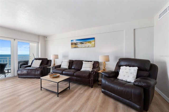 living room featuring a water view and light wood-type flooring