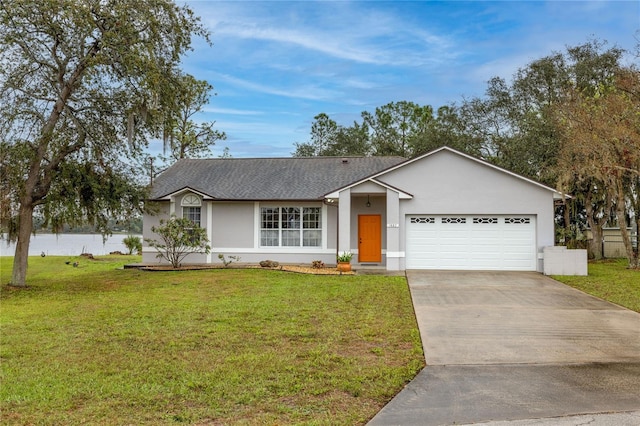 single story home with a front yard, driveway, an attached garage, and stucco siding