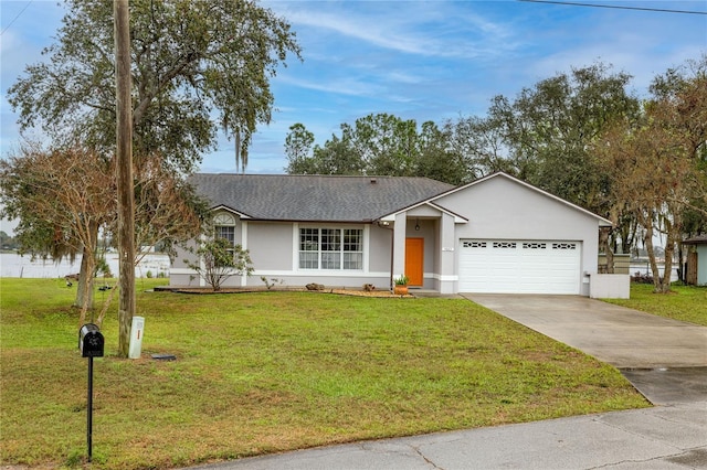 ranch-style house featuring roof with shingles, stucco siding, a front yard, a garage, and driveway