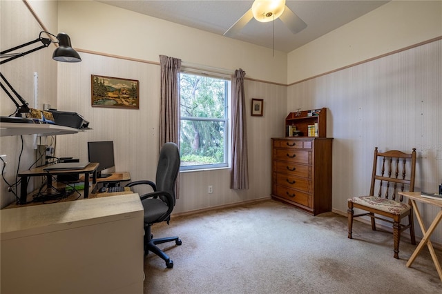 office area with ceiling fan and carpet flooring