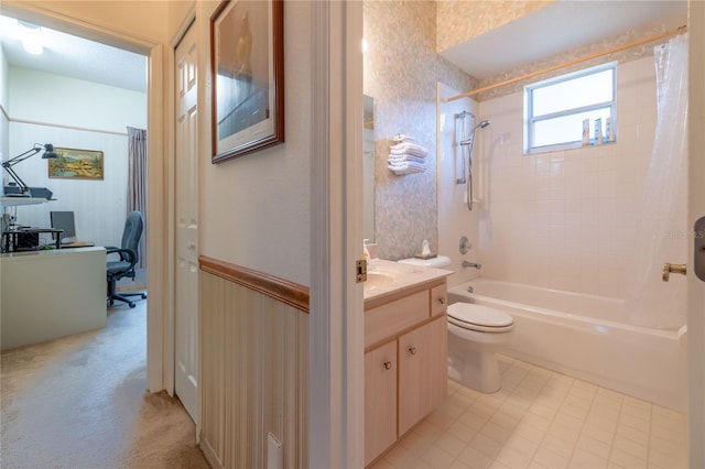 full bath featuring toilet, shower / bathtub combination with curtain, vanity, and wallpapered walls
