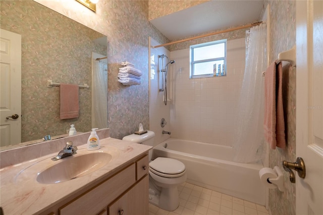 bathroom featuring tile patterned flooring, toilet, vanity, shower / tub combo with curtain, and wallpapered walls